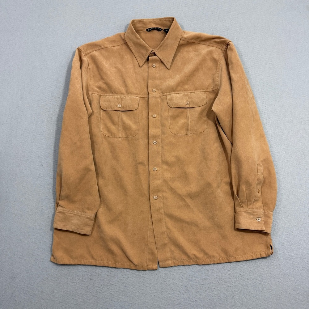 Vintage Massini Shirt XL Tan Faux Suede Button Up Long Sleeve Pockets Casual